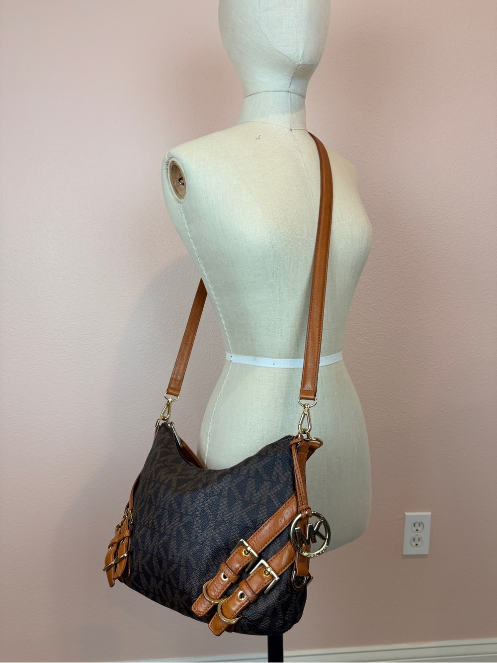 Michael Kors Vintage Milo Monogram Belted Hobo Crossbody Bag